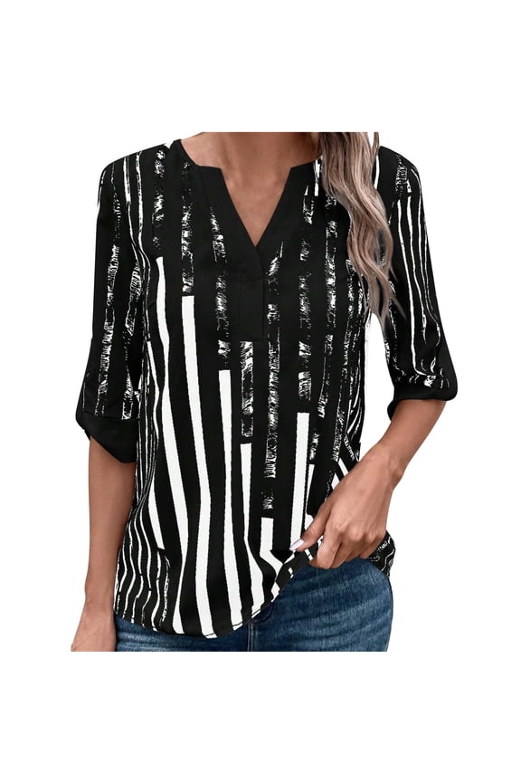 Women Tops Ladies Casual Summer New Dual-patch Collision Color Elbow Length Sleeve Shirt Women Tops Short-sleeved V-neck Tops / Shirts Gym Tops 2XL(US:12)