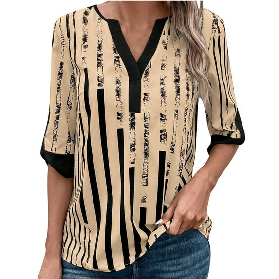 Fesfesfes Women Tops Ladies Casual Summer New Dual-patch Collision Color Elbow Length Sleeve Shirt Women Tops Short-sleeved V-neck Tops / Shirts Gym Tops 2XL(US:12)