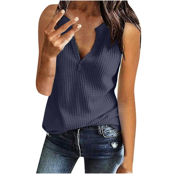 Fesfesfes Women Tops Summer Womens Solid Color Tops V-Neck Sleeveless Casual Loose Tank Tops Blouse Women's Blouses 4(S)