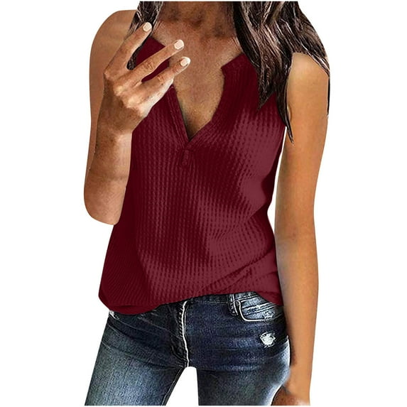 Fesfesfes Women Tops Summer Womens Solid Color Tops V-Neck Sleeveless Casual Loose Tank Tops Blouse Women's Blouses 4(S)