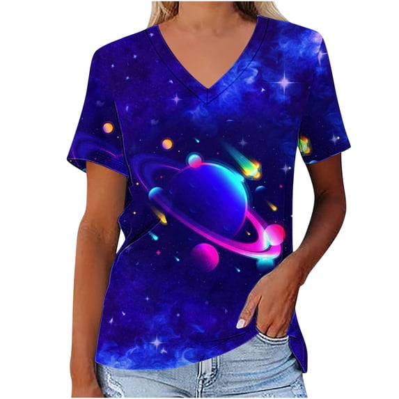 Fesfesfes Women Tops Women's Fashion Casual Print Astral V-neck Short Sleeve T-shirt Fitted Shirts for Women 3XL(US:14)