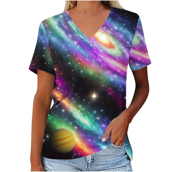 Fesfesfes Women Tops Women's Fashion Casual Print Astral V-neck Short Sleeve T-shirt Fitted Shirts for Women L(US:8)