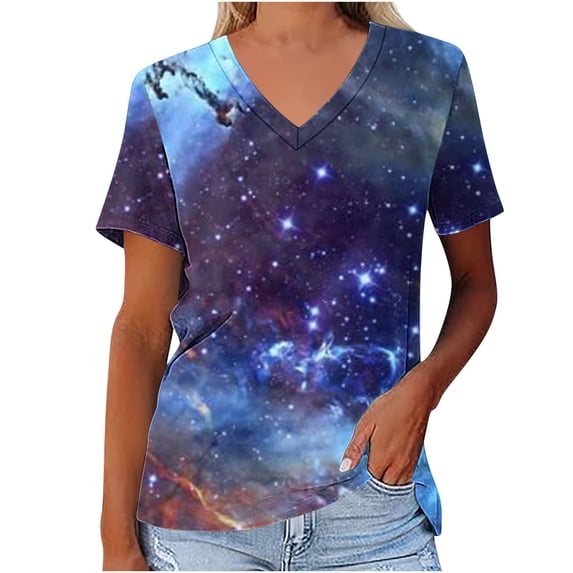 Fesfesfes Women Tops Women's Fashion Casual Print Astral V-neck Short Sleeve T-shirt Fitted Shirts for Women M(US:6)