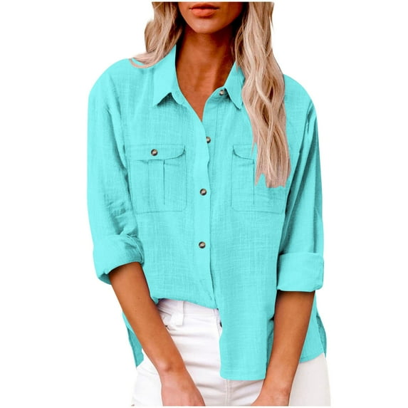 Fesfesfes Women' Trendy T-shirt Solid Color V-Neck Soft Loose Roll-Up Long Sleeves Blouses Chest Pockets Casual Outdoor Tops Workwear(Mint Green,L)