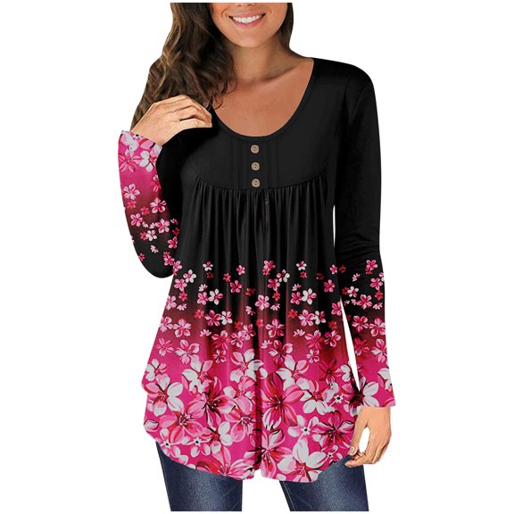 Fesfesfes Women Tunic Tops Casual Floral Butterfly Printed Pullover Long Sleeve Buttons Blouse Tops