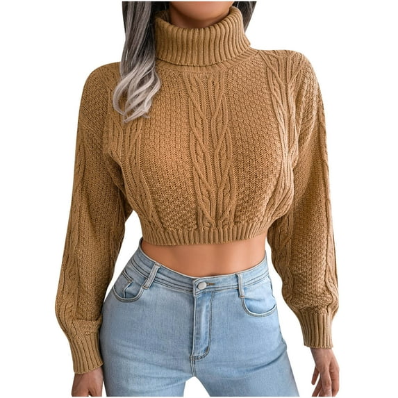 Fesfesfes Women Turtleneck Sweater Solid Color Knitted Tops Casual Long Sleeve Crop Sweaters Blouse Tops or