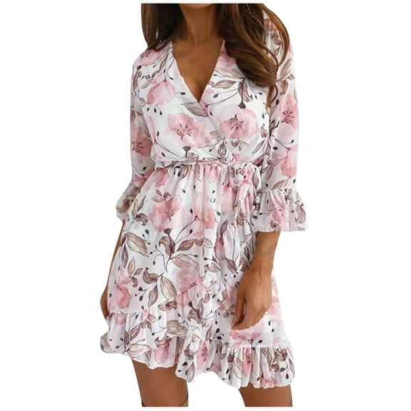 Fesfesfes Women V Neck Dress Printed Long Sleeve Mini Dress