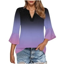 Fesfesfes Women' Versatile Stylish Tops Solid Color Roll-Tab 3/4 Sleeves Flare Sleeve V-Neck T-Shirt Pullover Breathable Fabric Blouse(Black#1,M)