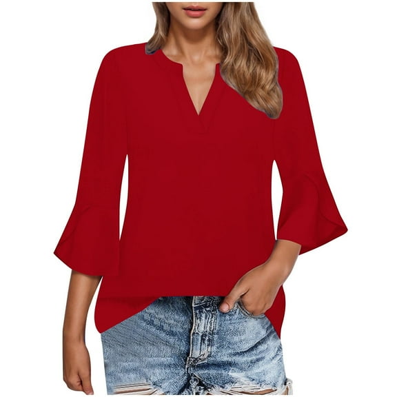 Fesfesfes Women' Versatile Stylish Tops Solid Color Roll-Tab 3/4 Sleeves Flare Sleeve V-Neck T-Shirt Pullover Breathable Fabric Blouse(Red,XL)