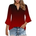 thumbnail image 1 of Fesfesfes Women' Versatile Stylish Tops Solid Color Roll-Tab 3/4 Sleeves Flare Sleeve V-Neck T-Shirt Pullover Breathable Fabric Blouse(Wine#1,2XL), 1 of 5