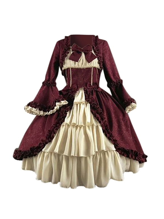 Women Vintage Gothic Court Square Collar Patchwork Bow Long Sleeve Dress