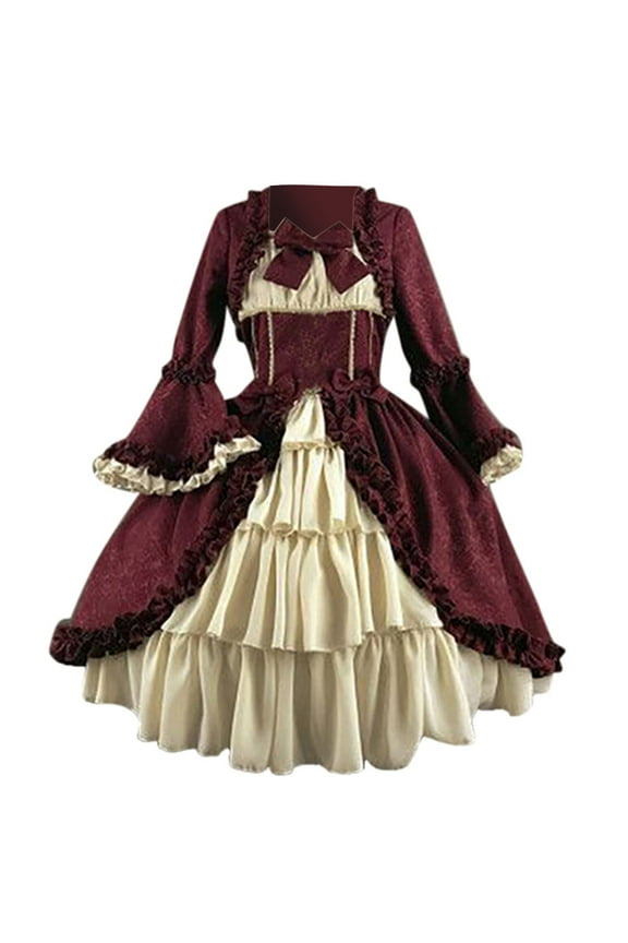 Women Vintage Gothic Court Square Collar Patchwork Bow Long Sleeve Dress