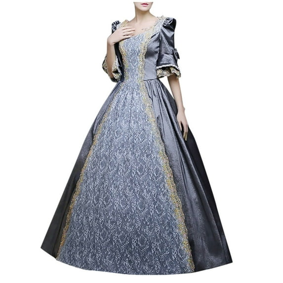 Fesfesfes Women Vintage Gothic Dress Short Sleeve Court Gown Cake Skirt Lace Clashing Maxi Dress,