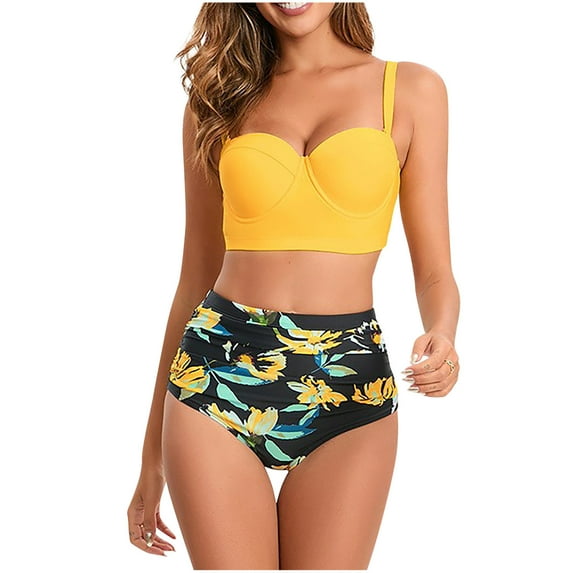 Fesfesfes Women Vintage Swimsuit Two Piece Retro Halter Neck Bikini Ruched High Waist Bottom Print Bikini Set