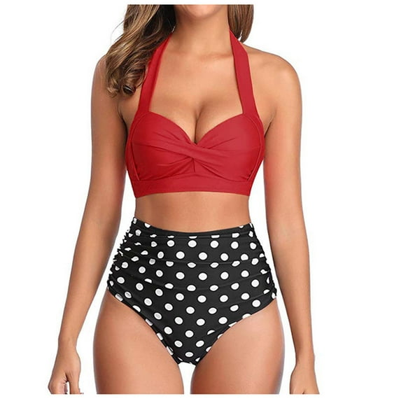 Fesfesfes Women Vintage Swimsuit Two Piece Retro Halter Neck Bikini Ruched High Waist Bottom Print Bikini Set