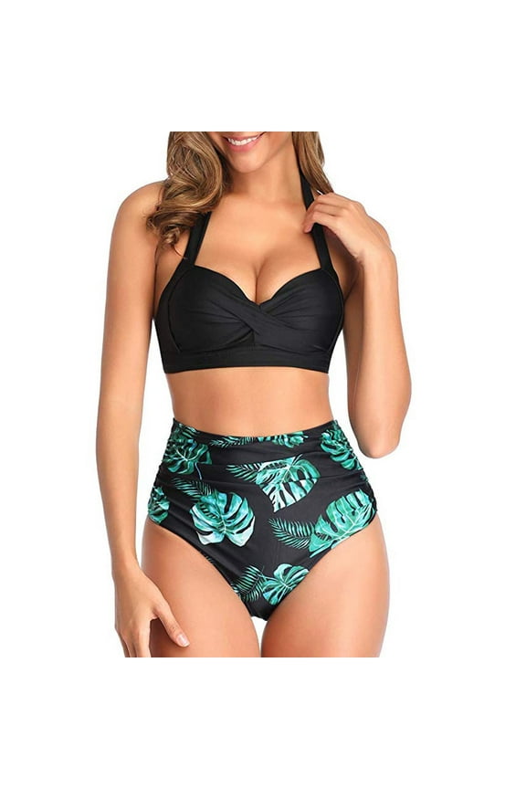 Women Vintage Swimsuit Two Piece Retro Halter Neck Bikini Ruched High Waist Bottom Print Bikini Set