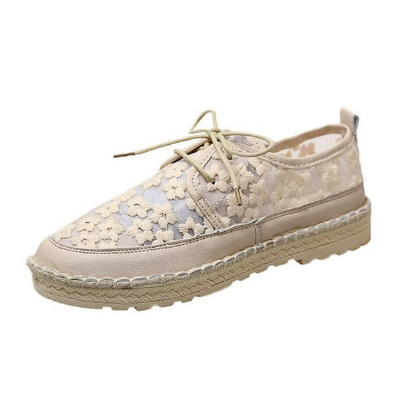 Fesfesfes Women Walking Shoes Round Toe Lightweight Shoes Flower Lace Breathable Bandage Comfy Flat Shoes Casual Shoes 39(7.5)