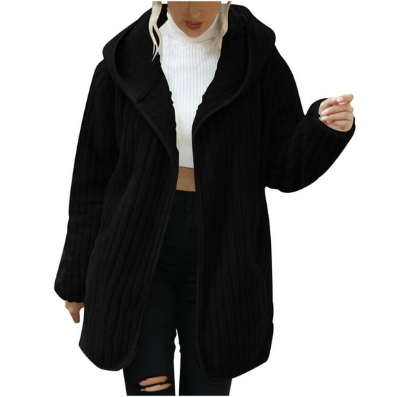 Fesfesfes Women Winter Coats Solid Color Hooded Loose Double-Sided Plush Buttonless Cardigan Jacket