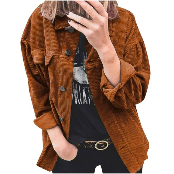 Fesfesfes Women Winter Corduroy Jacket Long Sleeve Coat Solid Color Buttons Coat Casual Cardigan Blouse Plus Size $10
