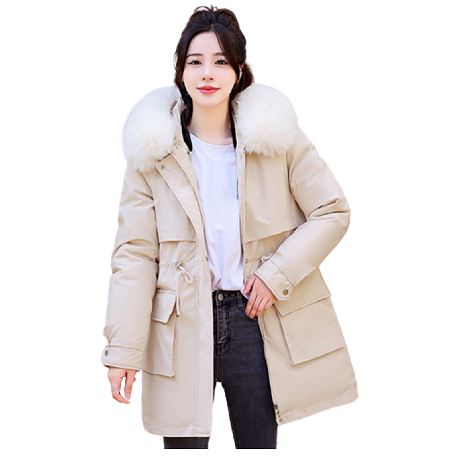Fesfesfes Women Winter Lapel Jacket Warm Overcoat Fur-Collar Zipper Thicker  Coat Outerwear Sale Clearance 