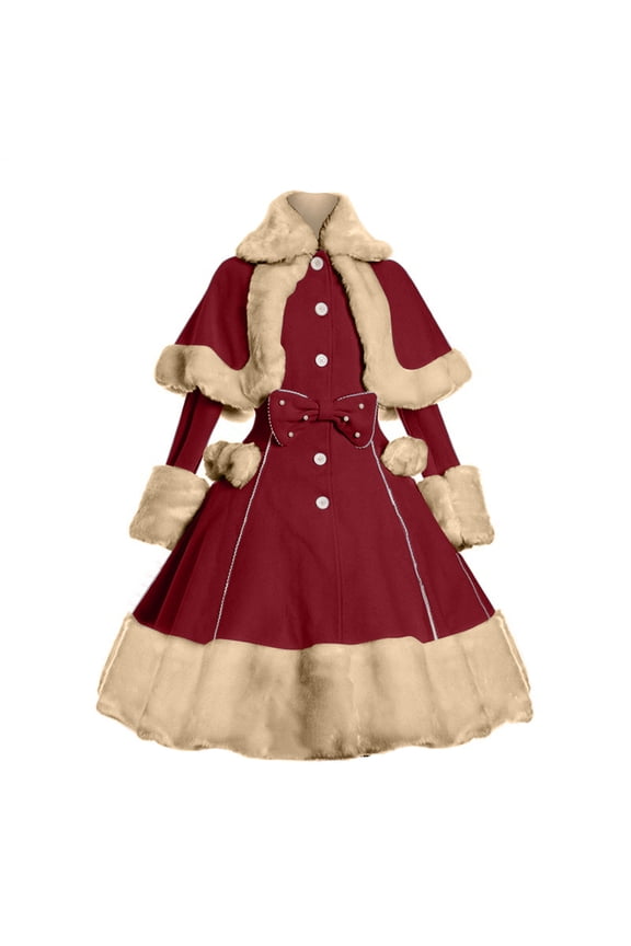 Women Winter Wool Dress Long Sleeve Woolen Jacket Cape Set Warm Outwear Plush Fashion Coat Dress Under $10