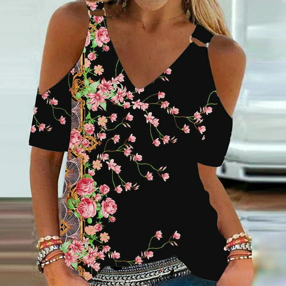 Fesfesfes Women Workout Clothes Women Summer T- Shirt Cold Shoulder Pullover Blouse V-Neck Short Sleeve Printed Tops Blouse Lace Short Sleeve Tops for Women M(US:6)