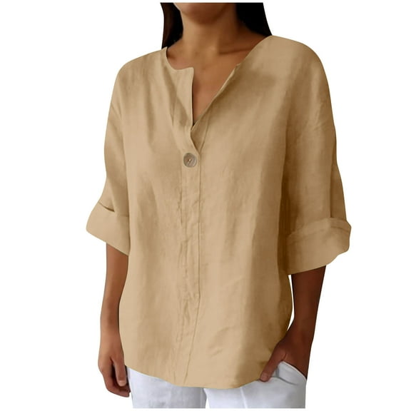 Fesfesfes Women's 2025 Blouses V-Neck Three-Quarters Sleeves Foldtable T-Shirt with Button Lightweight Fabric Ensures All-Day Comfy(Khaki#1,XL)