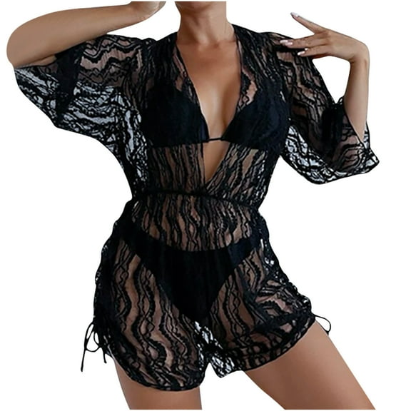 Fesfesfes Women's Beachwear Bikini Set with Lace Coverups Tulle Lace Cover Up Casual Solid Color Split Three-piece Bikini Swimsuit Gifts for Her Sale