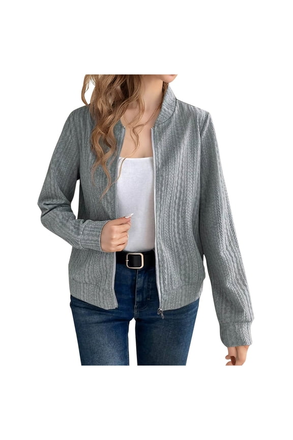 Women's Block-Color Jacket Sping Fall Stand-Up Collar with Full - Length Sleeve Ribbed Cuffs Zipper Front Versatile Casual Style(Gray#1,XL)
