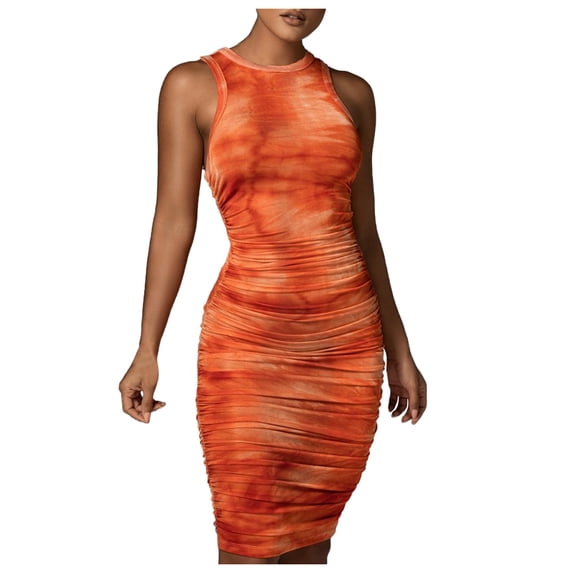 Fesfesfes Women's Bodycon Dress Fashion New Gorgeous Slim Fit Spandex Dress Sexy Sleeveless Vest O-Neck Tie-Dye Dress Gifts for Her Sale