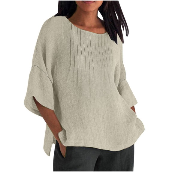 Fesfesfes Women's Breathable Tops Trendy Solid Color Three-Quarter Sleeves Round Neck T-shirt Comfy Loose for Home Daily Wearing Clothes(Beige#1,3XL)