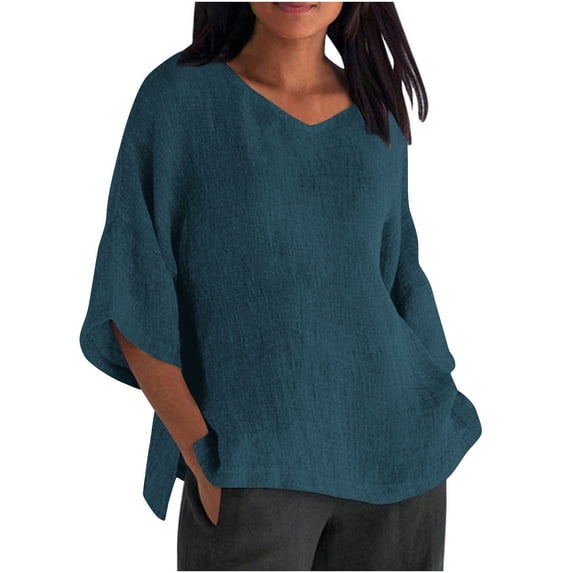 Fesfesfes Women's Breathable Tops Trendy Solid Color Three-Quarter Sleeves Round Neck T-shirt Comfy Loose for Home Daily Wearing Clothes(Navy,2XL)