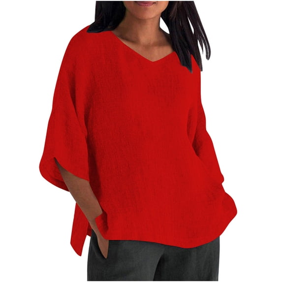 Fesfesfes Women's Breathable Tops Trendy Solid Color Three-Quarter Sleeves Round Neck T-shirt Comfy Loose for Home Daily Wearing Clothes(Red,2XL)