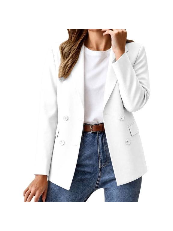 Women's Button Down Blazer Lapel Collar Long Sleeve Regular Fit Casual Outerwear with Pockets for Fall Winter Daily Wear Cozy Soft Comfy