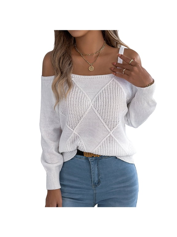 Women's Cable Knit Off Shoulder Sweater with Spaghetti Straps Lantern Sleeves Solid Color Soft Warm Pullover Top for Fall Winter Daily Wear