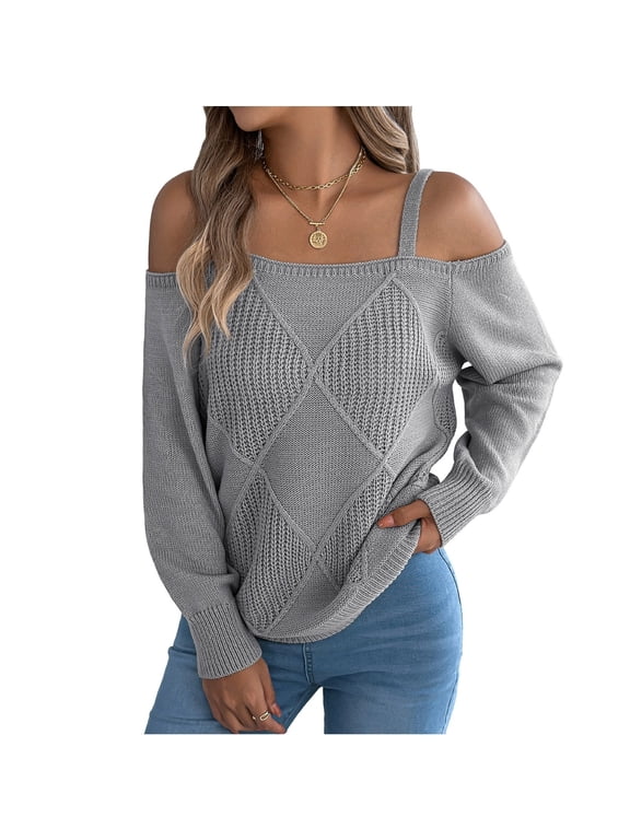 Women's Cable Knit Off Shoulder Sweater with Spaghetti Straps Lantern Sleeves Solid Color Soft Warm Pullover Top for Fall Winter Daily Wear