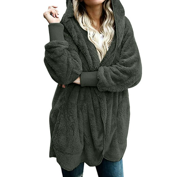 Fesfesfes Women's Cardigan Open Front Hooded Coat with Pockets Fleece Cardigan Plush Coat Under $10