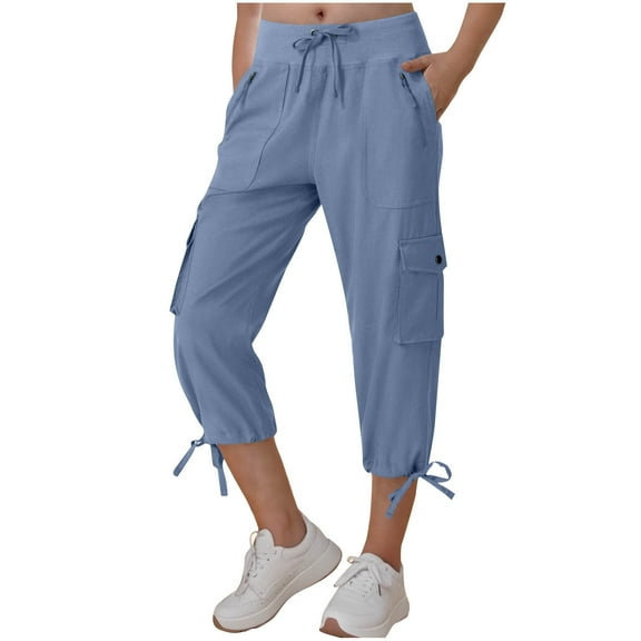 Fesfesfes Women's Cargo Pants Casual Solid Color Elastic High-Waist Drawstring Short Trousers with Pockets Summer Comfy Outdoor Shorts(Blue,M)