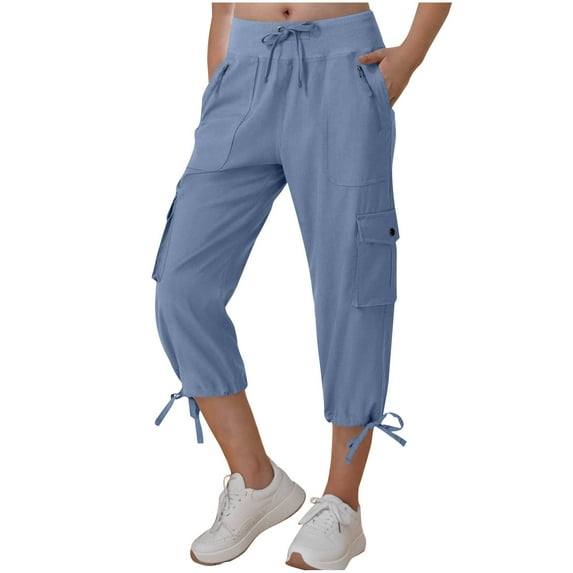 Fesfesfes Women's Cargo Pants Casual Solid Color Elastic High-Waist Drawstring Short Trousers with Pockets Summer Comfy Outdoor Shorts(Blue,XL)