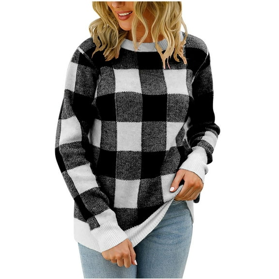 Fesfesfes Women's Casual Blouses Color-Blocked Round Neck Long Sleeve Thick Knitted Pullover Sweater Ribbed Neckline Cuffs for Warmth(Black#4,XL)