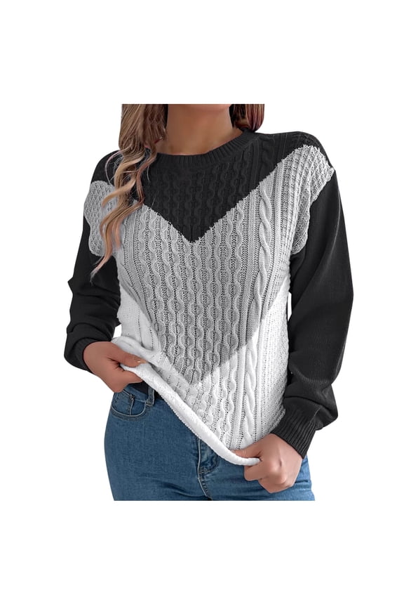 Women's Casual Blouses Color-Blocked Round Neck Long Sleeve Thick Knitted Pullover Sweater Ribbed Neckline Cuffs for Warmth(Gray#2,XL)