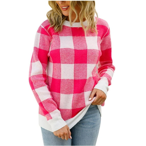 Fesfesfes Women's Casual Blouses Color-Blocked Round Neck Long Sleeve Thick Knitted Pullover Sweater Ribbed Neckline Cuffs for Warmth(Hot Pink#4,XL)