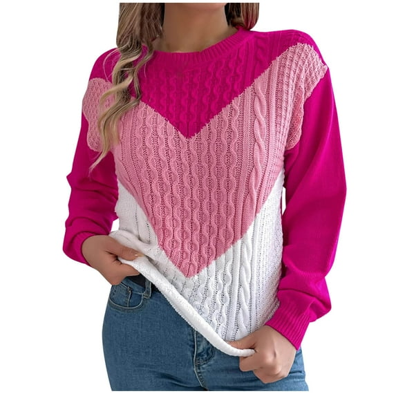 Fesfesfes Women's Casual Blouses Color-Blocked Round Neck Long Sleeve Thick Knitted Pullover Sweater Ribbed Neckline Cuffs for Warmth(Pink#2,M)