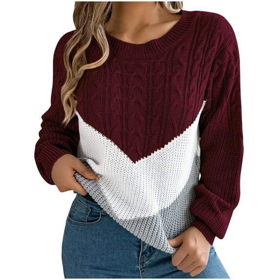 Fesfesfes Women's Casual Blouses Color-Blocked Round Neck Long Sleeve Thick Knitted Pullover Sweater Ribbed Neckline Cuffs for Warmth(Wine#1,S)