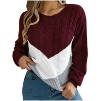 Fesfesfes Women's Casual Blouses Color-Blocked Round Neck Long Sleeve Thick Knitted Pullover Sweater Ribbed Neckline Cuffs for Warmth(Wine#1,XL)