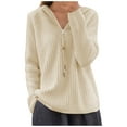 thumbnail image 1 of Fesfesfes Women's Casual Blouses Leisure Temperament Solid Color V-Neck Long Sleeved Tops Ribbed Neckline Cuffs Button-Front Knit Sweater(Beige#3,M), 1 of 7