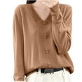 thumbnail image 1 of Fesfesfes Women's Casual Blouses Leisure Temperament Solid Color V-Neck Long Sleeved Tops Ribbed Neckline Cuffs Button-Front Knit Sweater(Khaki,L), 1 of 2