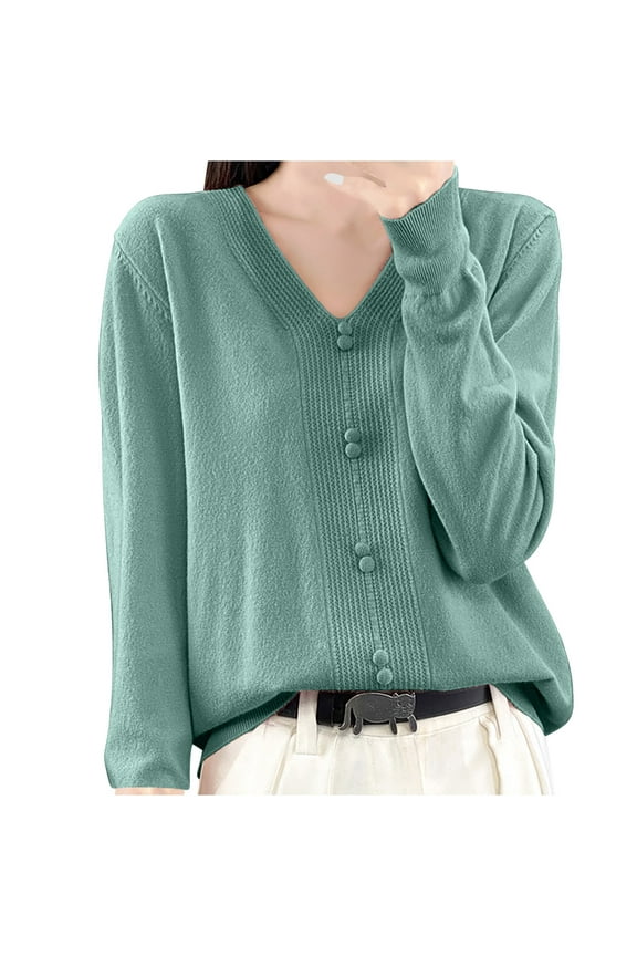 Women's Casual Blouses Leisure Temperament Solid Color V-Neck Long Sleeved Tops Ribbed Neckline Cuffs Button-Front Knit Sweater(Mint Green,M)
