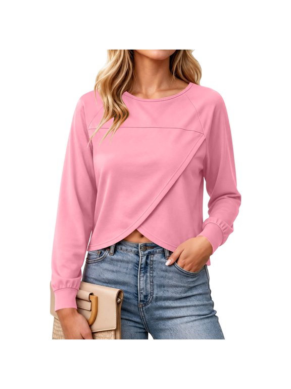 Women's Casual Crew Neck Long Sleeve Cropped Pullover Top Asymmetrical Overlap Front Hem Solid Color Loose Fit Shirt for Fall Spring Daily Wear
