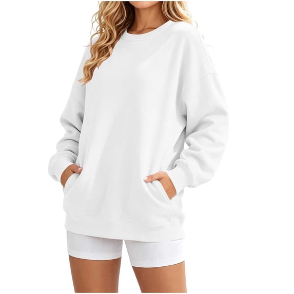 Fesfesfes Women's Casual Crew Neck Long Sleeve Sweatshirt Loose Fit Solid Color Pullover Top with Front Pockets Gathered Back Detail for Fall Winter Daily Wear